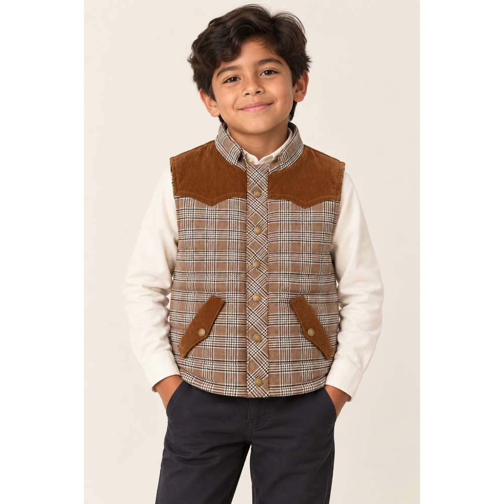 Janie and Jack Kids Brown Plaid Puffer Vest Corduroy Western preppy snap front